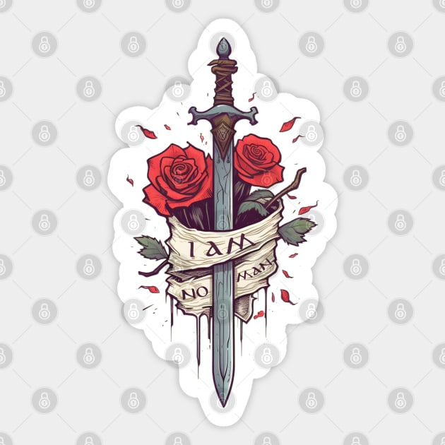 I am no man - Sword, Roses and Banner - White - Fantasy Sticker by Fenay-Designs